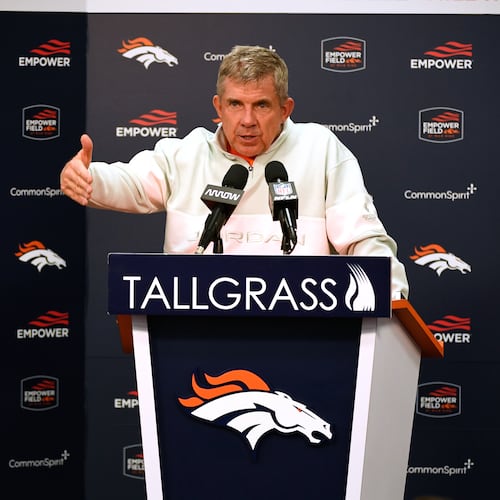 Denver Broncos head coach Sean Payton responds to a question during a news conference after an NFL football game, Sunday, Jan. 4, 2026, in Denver. (AP Photo/Eric Lutzens)
