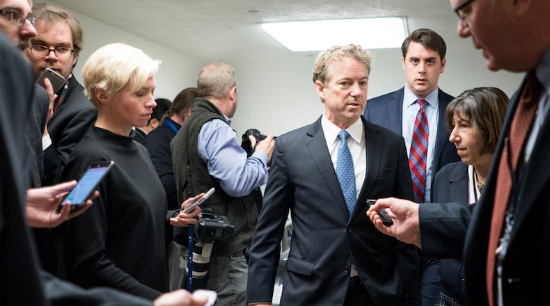 Sen. Rand Paul (R-Ky.) en-route to a vote on Capitol Hill in Washington, Feb. 8, 2018. Paul called out his own party for renewed profligacy after years of penny-pinching during the Obama administration, accusing Republicans of forming “an unholy alliance and spending free-for-all with Democrats at the expense of the American people and our party’s supposed principles.” (Erin Schaff/The New York Times)