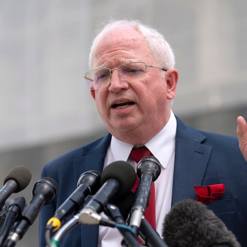 FILE - John Eastman, a California law professor, speaks to reporters after a Supreme Court hearing on birthright citizenship outside of the Supreme Court in Washington, May 15, 2025. (AP Photo/Jose Luis Magana, File)
