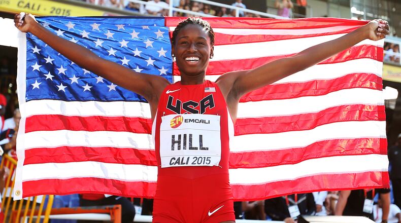 Candace Hill celebrates winning the Girls 200 Meters Final on day five of the IAAF World Youth Championships, Cali 2015 on July 19, 2015, at the Pascual Guerrero Olympic Stadium in Cali, Colombia.