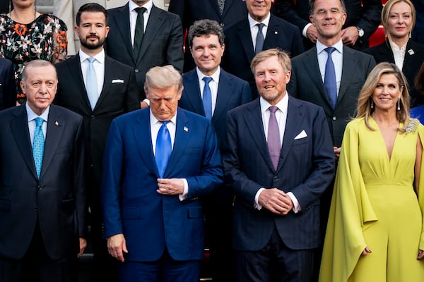 Front row from left, Turkey's President Recep Tayyip Erdogan, US President Donald Trump, King Willem-Alexander and Queen Maxima of the Netherlands, poses for a family photo at the 2025 NATO summit in The Hague, on Tuesday, June 24, 2025. (Haiyun Jiang/Pool Photo via AP)
