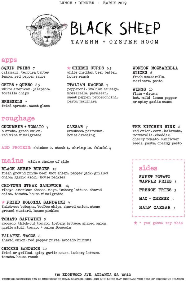 The food menu for Black Sheep Tavern & Oyster Room