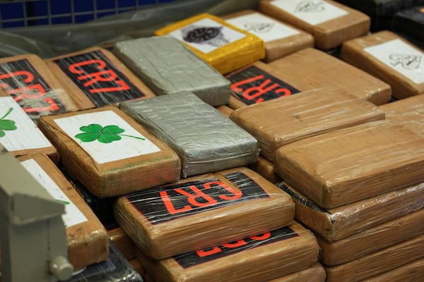 Seized packages of cocaine are presented to media during a news conference at police headquarters in Hamburg, Sept. 27, 2024. (Marcus Brandt/dpa via AP)