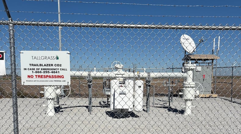 A facility along the Tallgrass Trailblazer carbon dioxide pipeline is seen Oct. 17, 2025, near Glenvil, Neb. (S. Andreasen via AP)