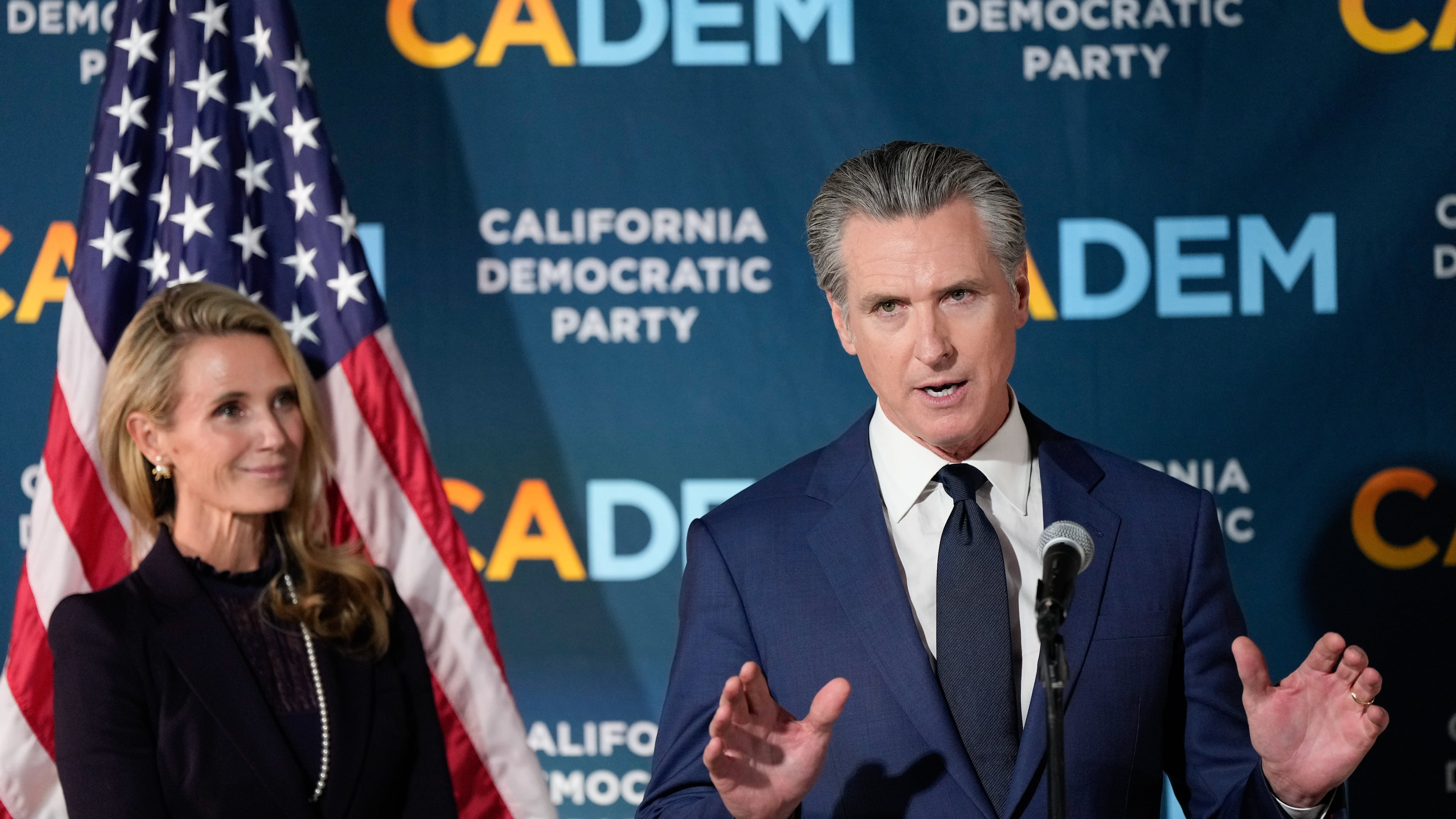 California Gov. Gavin Newsom speaks during an election night press conference at a California Democratic Party office Tuesday, Nov. 4, 2025, in Sacramento, Calif. (AP Photo/Godofredo A. Vásquez)