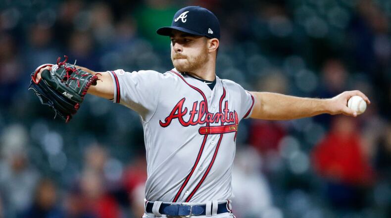 Braves reliever Jesse Biddle pitches against the Cleveland Indians during the seventh inning Sunday, April 21, 2019, at Progressive Field in Cleveland.
