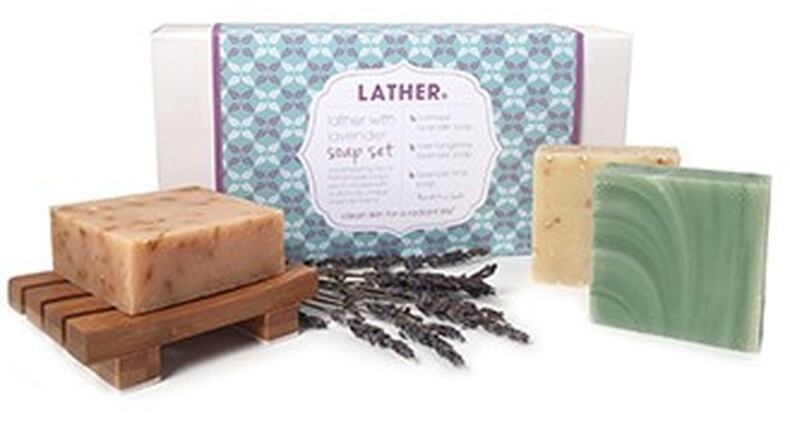 A trio of handmade soaps from LATHER featuring unique blends of lavender