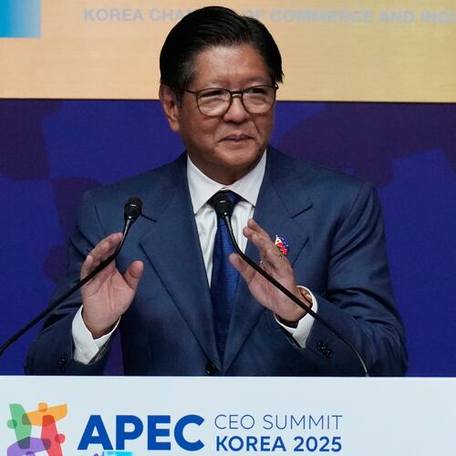 FILE - Philippine President Ferdinand Marcos Jr. makes a keynote speech at the Asia-Pacific Economic Cooperation (APEC) CEO summit in Gyeongju, South Korea, Oct. 31, 2025. (AP Photo/Ng Han Guan, File)