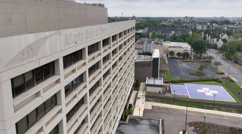 Aerial photo shows Wellstar Atlanta Medical Center, which closed 6 month ago, Wednesday, April 26, 2023, in Atlanta. Wellstar closed Atlanta Medical Center on Nov. 1, 2022. Wellstar has said it closed the AMC hospitals because it was not financially feasible to keep them open, despite millions in improvements. (Hyosub Shin / Hyosub.Shin@ajc.com)