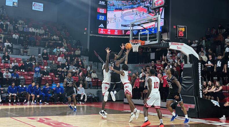 Georgia State's Zarique Nutter scores two points against Jacksonville State in GSU's 72-67 loss on Nov. 13, 2024, in Jacksonville, Ala.