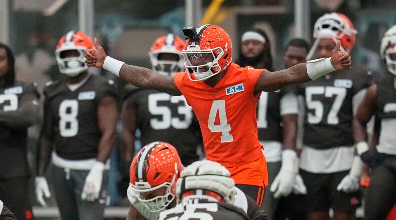 Cleveland Browns quarterback Deshaun Watson (4) during the team's NFL football training camp, Monday, Aug. 10, 2026, in Berea, Ohio. (AP Photo/Sue Ogrocki)