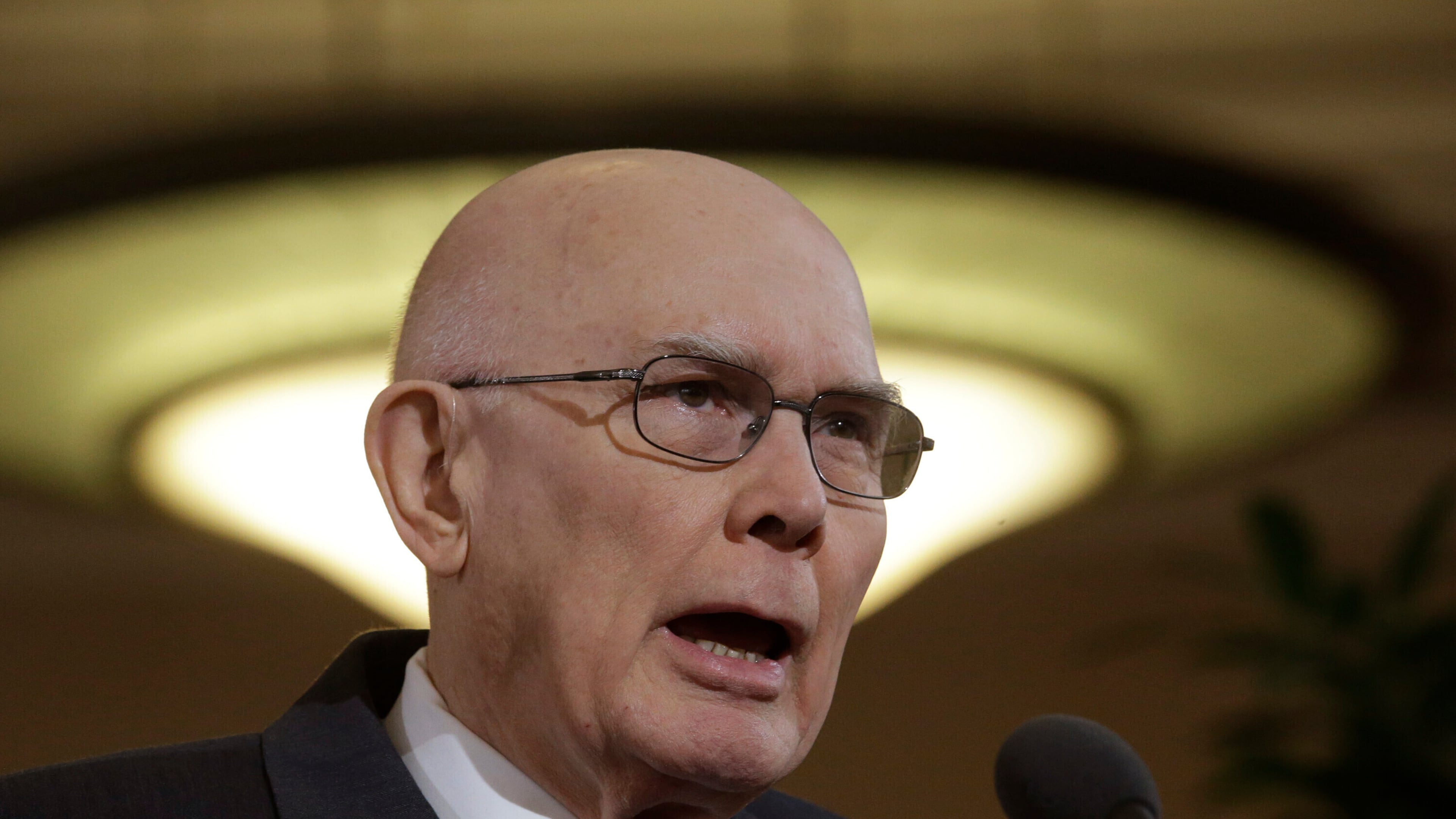 FILE - Elder Dallin H. Oaks of the Church's Quorum of the Twelve Apostles speaks during a news conference at the Conference Center, Jan. 27, 2015, in Salt Lake City. (AP Photo/Rick Bowmer, file)