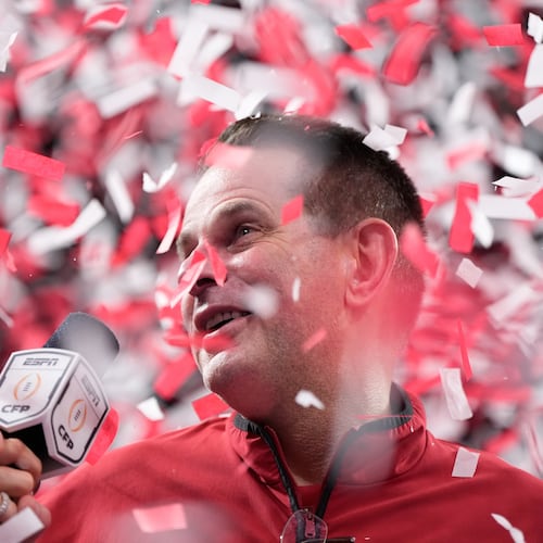 Indiana head coach Curt Cignetti speaks celebrates after their Peach Bowl victory over Oregon on Friday, Jan. 9, 2026, at Mercedes-Benz Stadium in Atlanta. When Cignetti was hired, Indiana led college football with 713 all-time losses, had never won 10 games in a season and had not won a bowl game since 1991. (Brynn Anderson/AP)