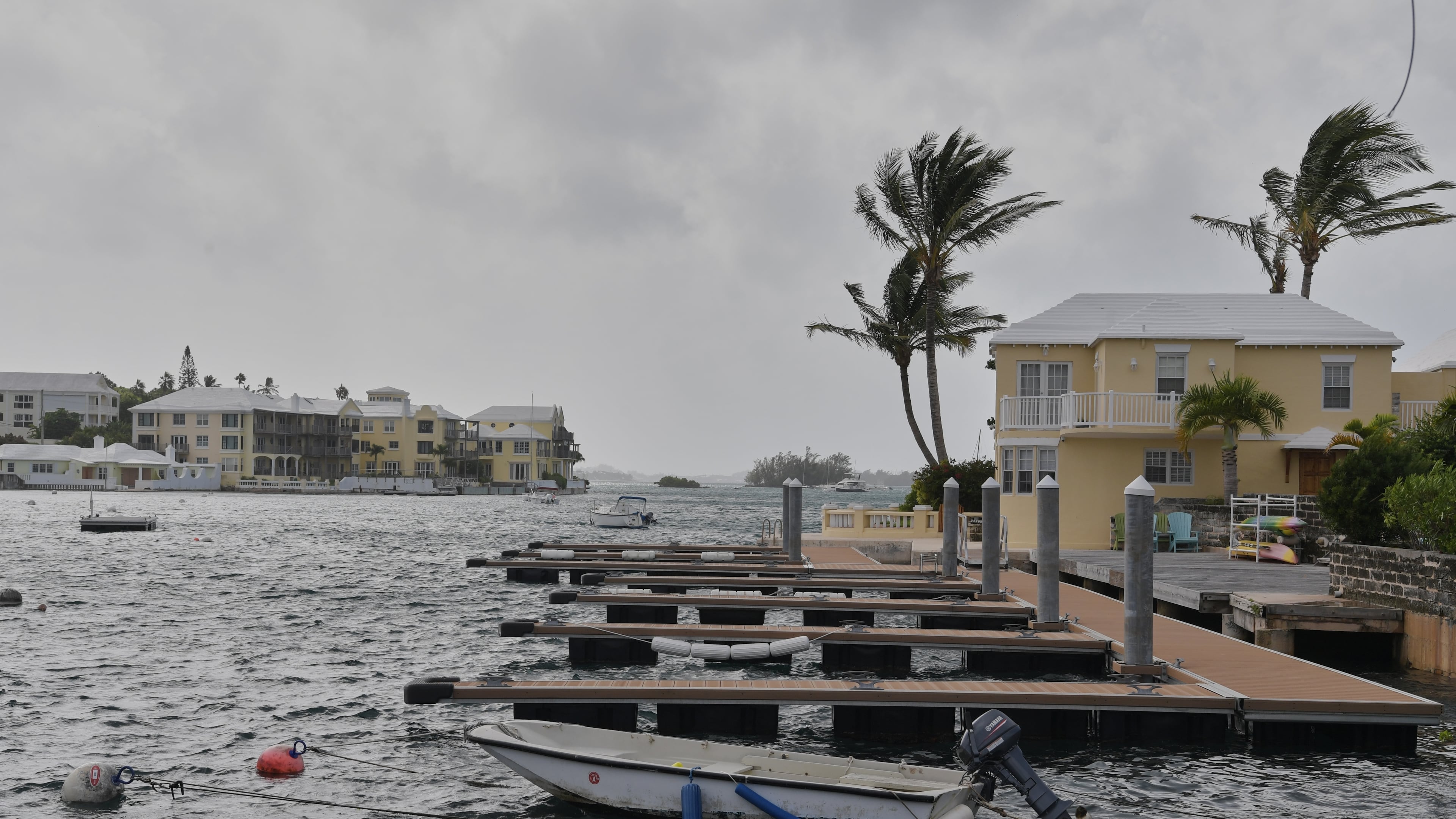 Trees blow in the wind on a pier ahead of Hurricane Imelda's expected arrival in Hamilton, Bermuda, Wednesday, Oct. 1, 2025. (AP Photo/Anthony Wade)