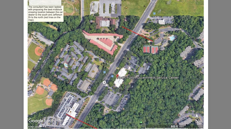 The Sandy Springs City Council recently approved a $127,250 contract with Pond and Company for the design of a mid-block crossing on Roswell Road at the North Fulton Government Annex. (Courtesy City of Sandy Springs)