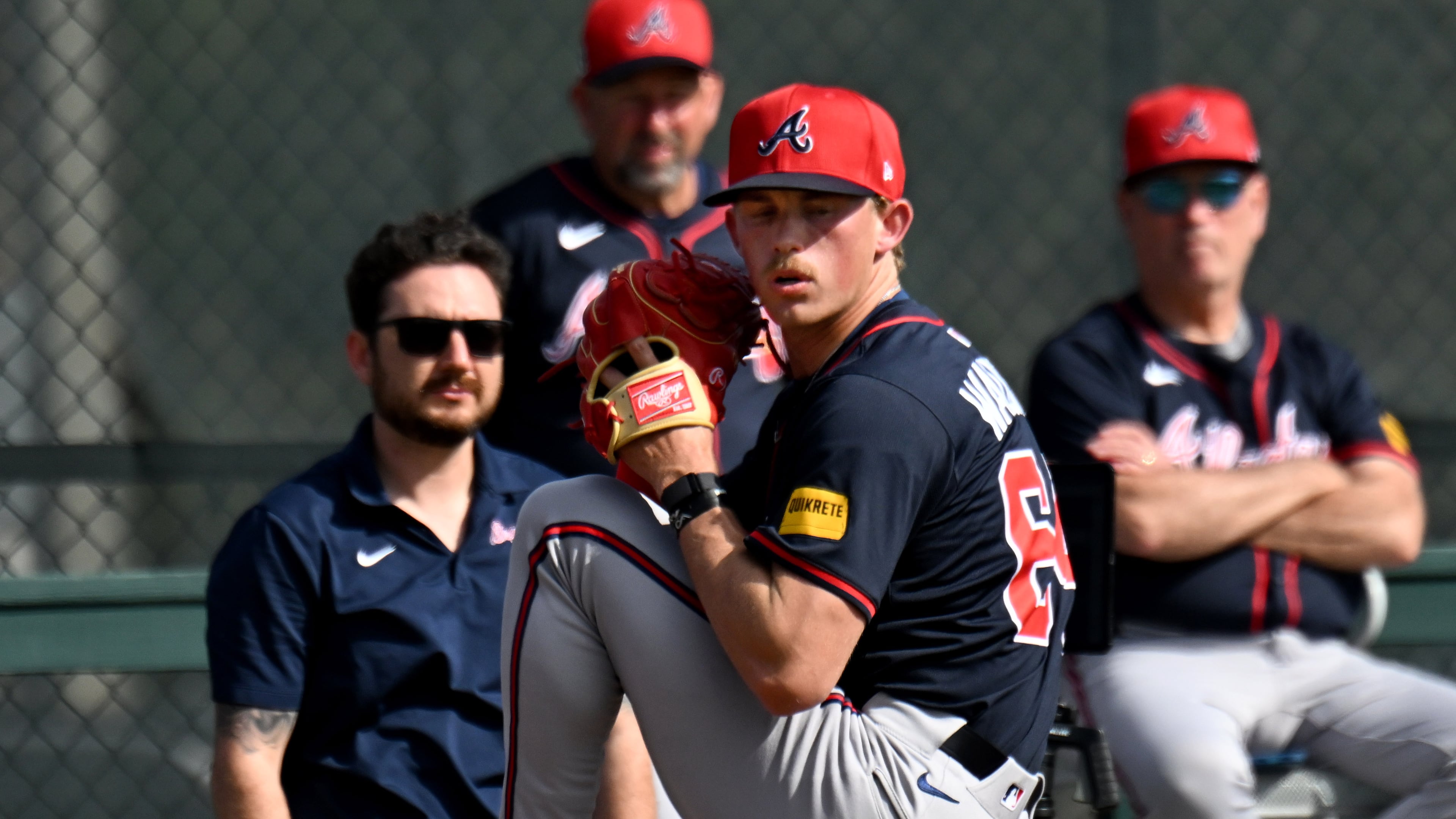 Braves pitcher Hurston Waldrep, here during Atlanta's spring training in February, is a Thomasville native who has a 5.84 ERA after 13 starts with the Triple-A Gwinnett Stripers this season. (Hyosub Shin/AJC 2025)