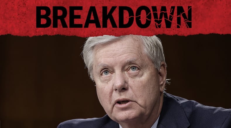 Sen. Lindsey Graham, R-S.C., is among the allies of President Trump who received a material witness subpoena for the Fulton County special purpose grand jury. Episode 5 of the AJC's "Breakdown" podcast takes a close look at those out-of-state witnesses subpoenas and what they may portend for the investigation. (Evelyn Hockstein / Pool via AP)