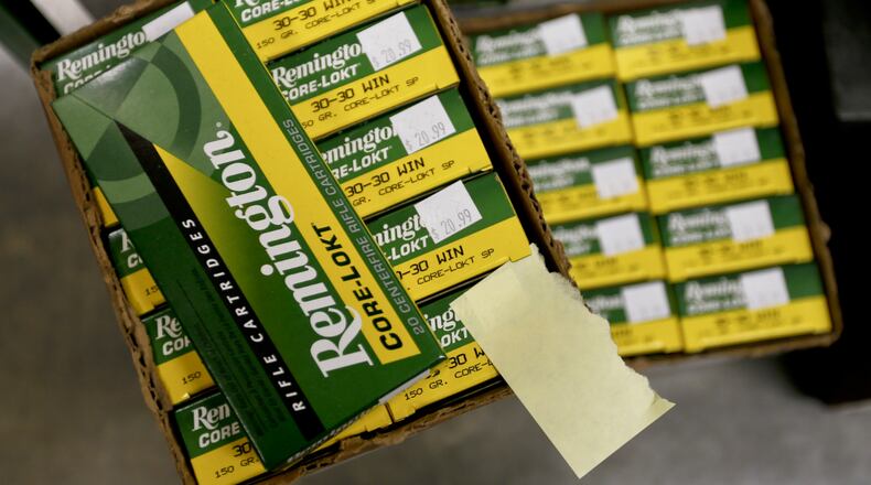 In this Thursday, March 1, 2018, photo Remington rifle ammunition is shown at Duke's Sport Shop in New Castle, Pa.