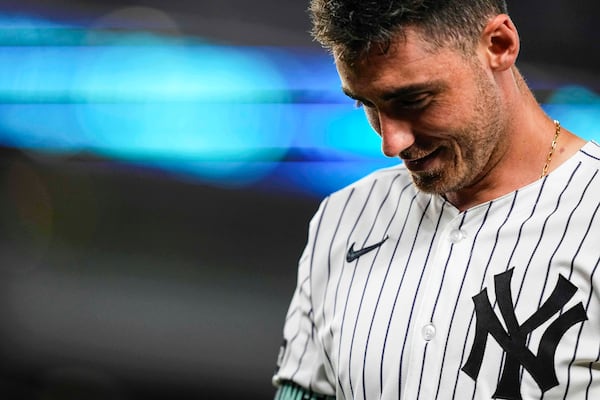 New York Yankees' Cody Bellinger reacts after lining out during the seventh inning of a baseball game against the Chicago Cubs, Friday, July 11, 2025, in New York. (AP Photo/Yuki Iwamura)