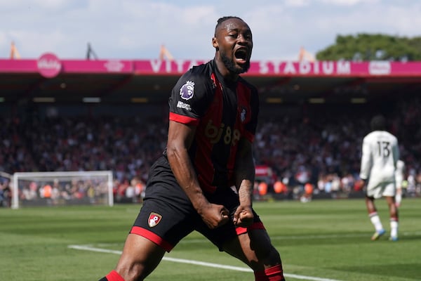 Bournemouth's Antoine Semenyo celebrates after scoring the opening goal during the English Premier League match at Vitality Stadium, Bournemouth, England, Sunday, April 27, 2025. (Adam Davy/PA via AP)