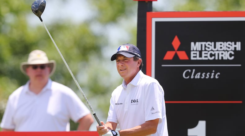 Billy Andrade tees off on the first hole during the final round of the Mitsubishi Electric Classic in 2021 at TPC Sugarloaf in Duluth. (Curtis Compton / Curtis.Compton@ajc.com)
