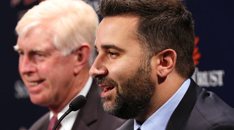 Braves chairman and CEO Terry McGuirk (left) gave a lot of power and leeway to Alex Anthopoulos as general manager and vice president, and Anthopoulos is shaping a front office similar to the forward-thinking group he was part of with the Dodgers. (Curtis Compton/ccompton@ajc.com)