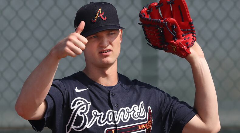 Braves pitcher Mike Soroka gives the thumbs up while working the mound during spring training Thursday, Feb. 13, 2020, in North Port, Fla.