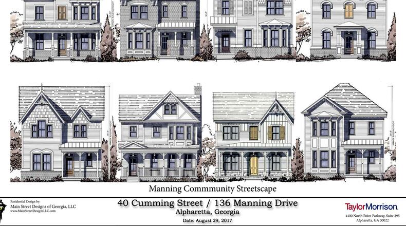 Artist’s renderings depict the designs proposed by Taylor Morrison for a 58-home project on Cumming Street in downtown Alpharetta. CITY OF ALPHARETTA