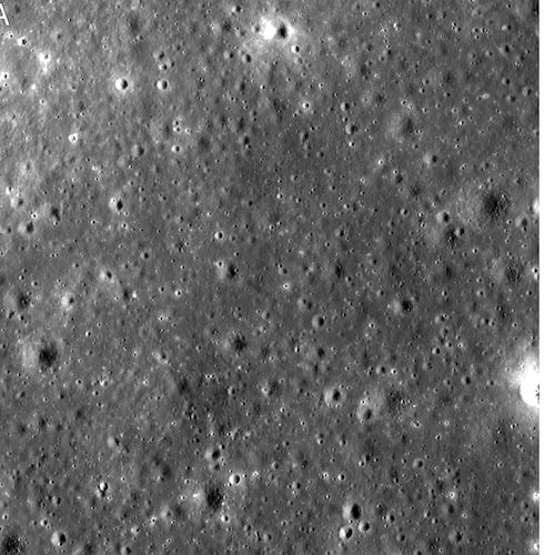 This combination of photos made by NASA's Lunar Reconnaissance Orbiter shows the same area on the surface of the moon before and after a newly-discovered crater in May 2024. (NASA/Goddard Space Flight Center/Intuitive Machines via AP)