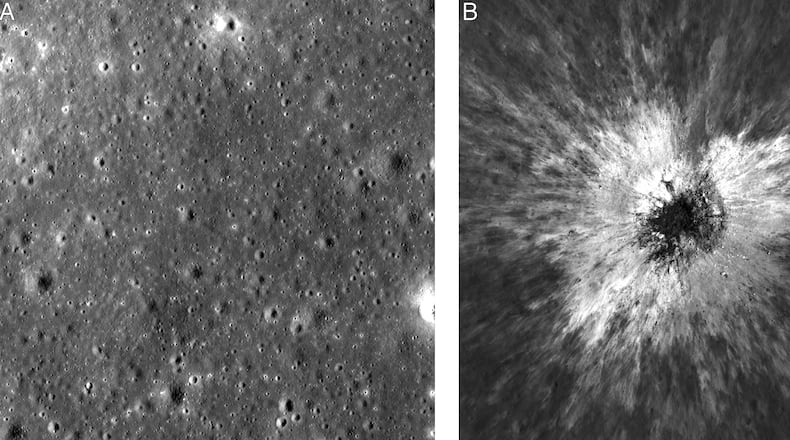 This combination of photos made by NASA's Lunar Reconnaissance Orbiter shows the same area on the surface of the moon before and after a newly-discovered crater in May 2024. (NASA/Goddard Space Flight Center/Intuitive Machines via AP)