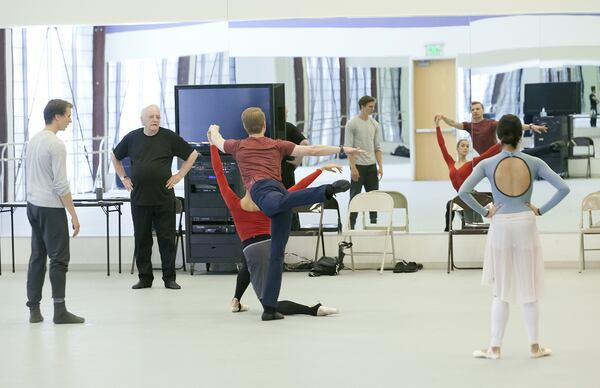 Robert Barnett, artistic director emeritus of Atlanta Ballet, coaches dancers with the company artistic director Gennadi Nedvigin (center). CONTRIBUTED BY KIM KENNEY / ATLANTA BALLET