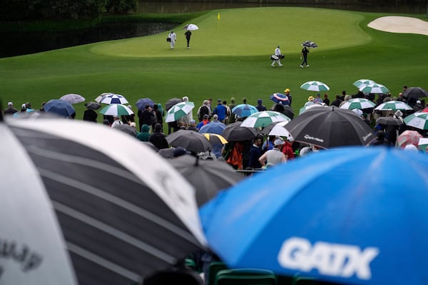 Nicolas Echavarria, of Colombia, and Ludvig Aberg, of Sweden, right, walk off the 11th green during a practice round at the Masters golf tournament, Monday, April 7, 2025, in Augusta, Ga. (AP Photo/Ashley Landis)