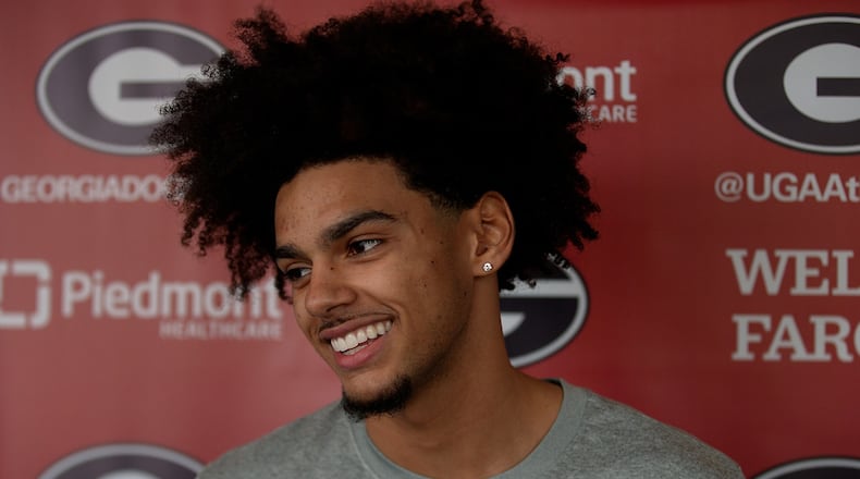 Georgia basketball freshman Asa Newell photographed ahead of an exhibition game against the University of Central Florida. The 6-foot-11 forward from Destin, Florida, was a 5-star prospect before signing with the Bulldogs. (Photo from UGA Athletics)