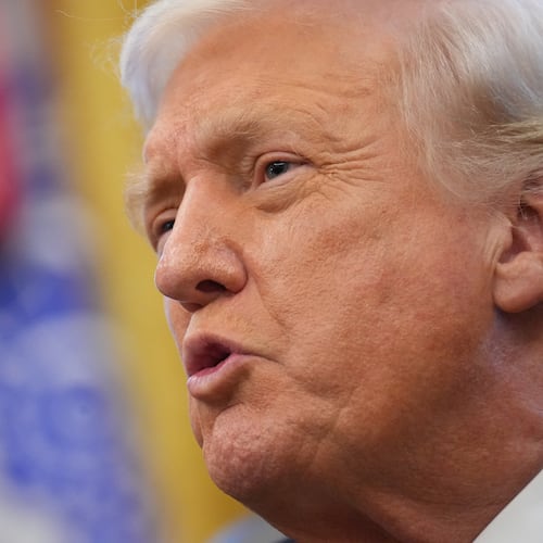 President Donald Trump speaks to reporters after Vice President JD Vance swore in U.S. Ambassador to India Sergio Gor in the Oval Office of the White House, Monday, Nov. 10, 2025, in Washington. (AP Photo/Jacquelyn Martin)