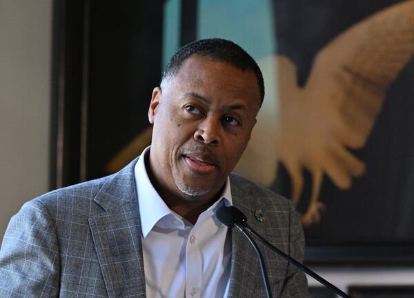 Clyde Higgs, President and CEO of the Atlanta Beltline, speaks during a press conference in March. (Hyosub Shin/AJC)