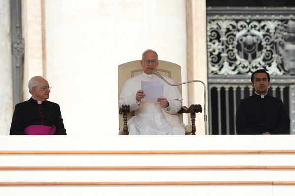 Pope Leo XIV holds his weekly general audience in St. Peter's Square at The Vatican, Wednesday, June 11, 2025. (AP Photo/Andrew Medichini)