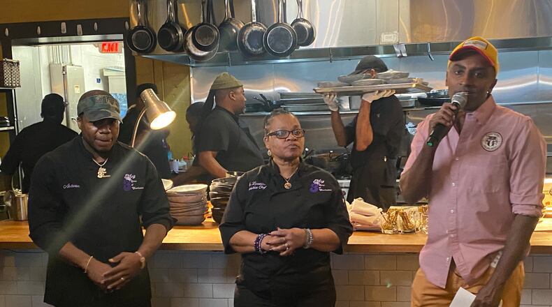 Chef Marcus Samuelsson speaks at the Open Kitchen pop-up at Marcus Bar & Grille on Feb. 21, 2024, which spotlighted food from My Three Sons, a Black-owned restaurant in North Charleston, South Carolina. / Courtesy of Ligaya Figueras