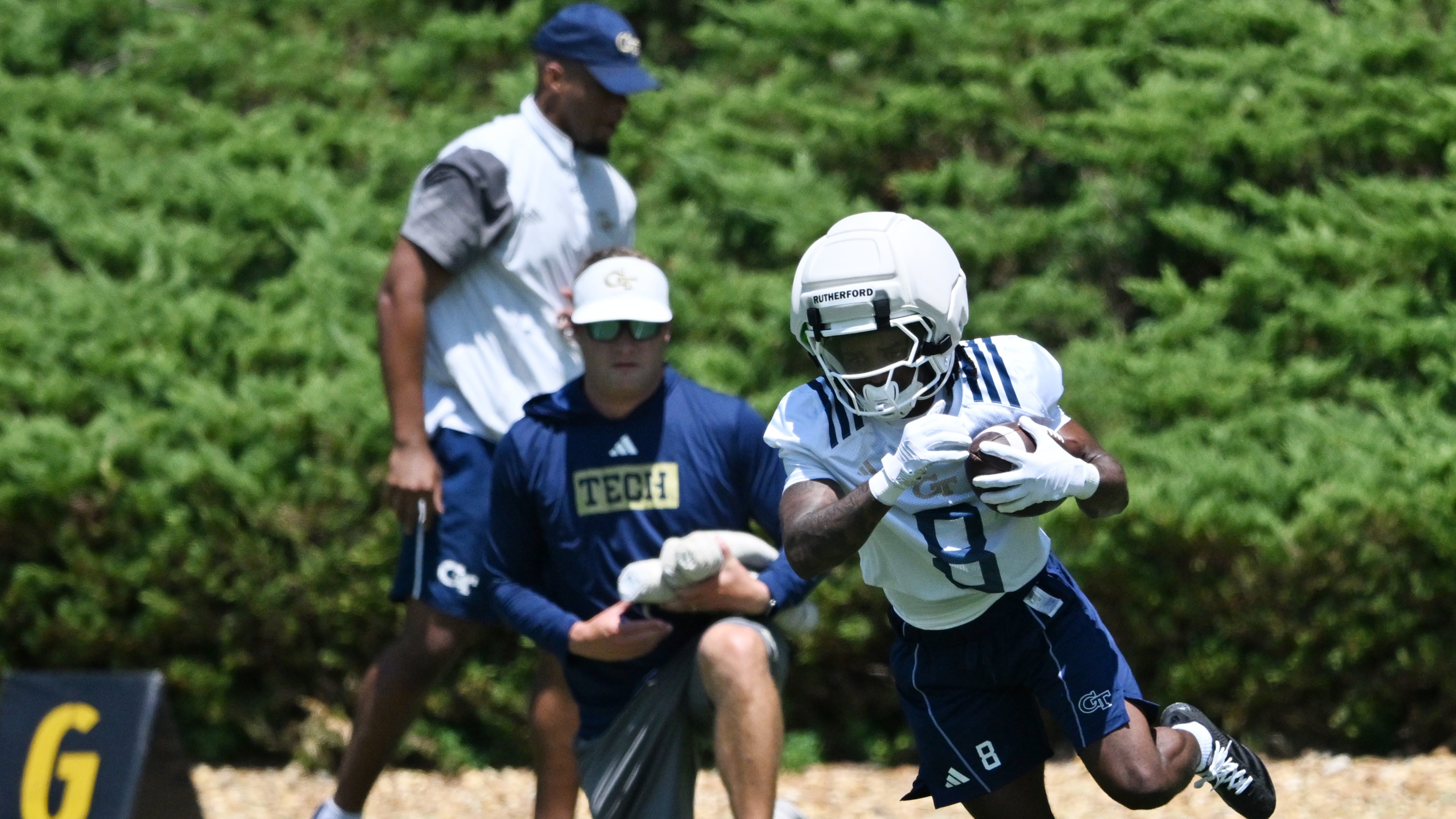 Georgia Tech wide receiver Malik Rutherford (8) participates in a drill during the first day of football practice at Rose Bowl Field and the Mary and John Brock Football Practice Facility, Tuesday, July 29, 2025, in Atlanta. (Hyosub Shin/AJC)