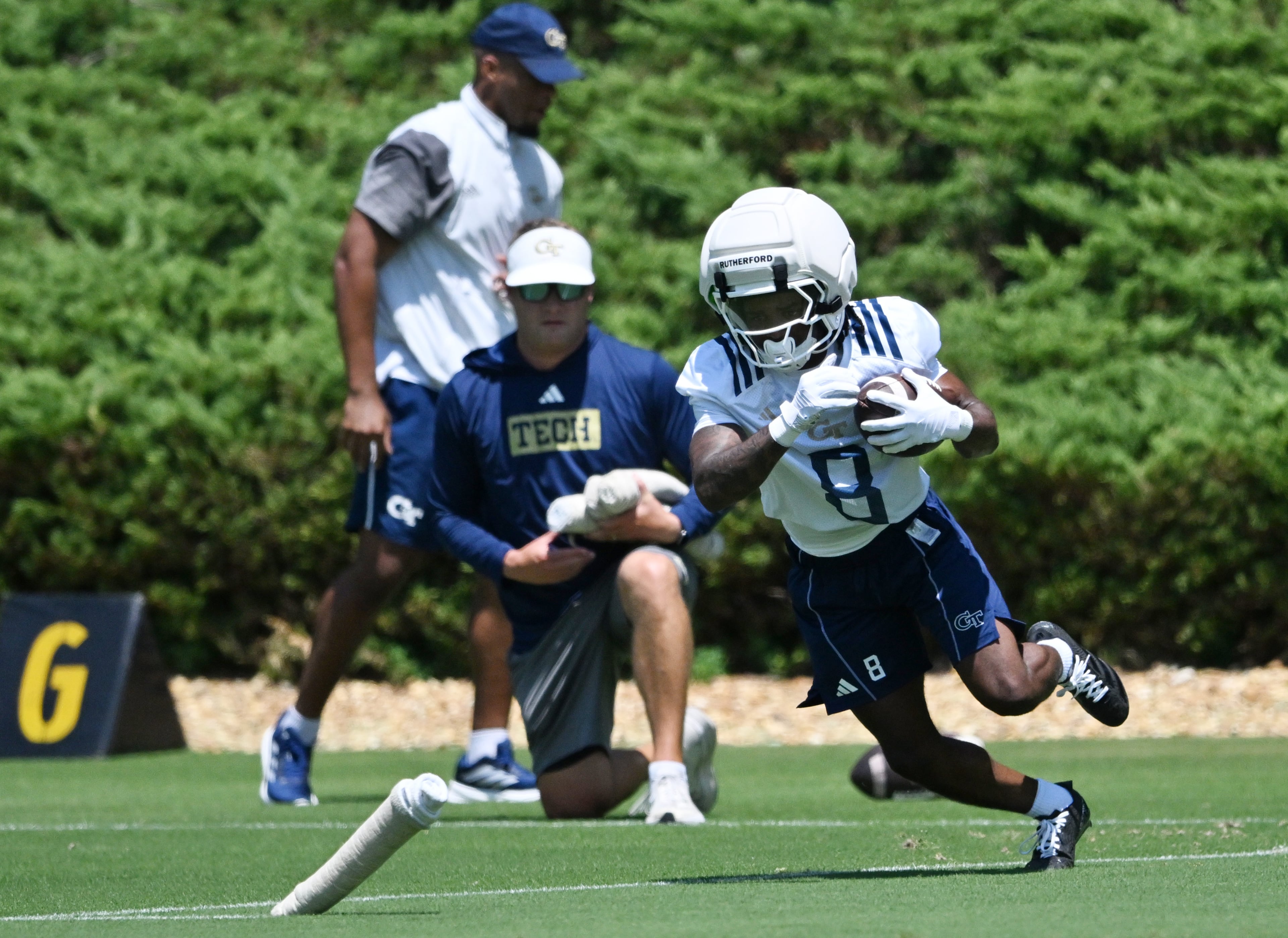 Georgia Tech wide receiver Malik Rutherford (8) participates in a drill during the first day of football practice at Rose Bowl Field and the Mary and John Brock Football Practice Facility, Tuesday, July 29, 2025, in Atlanta. (Hyosub Shin / AJC)
