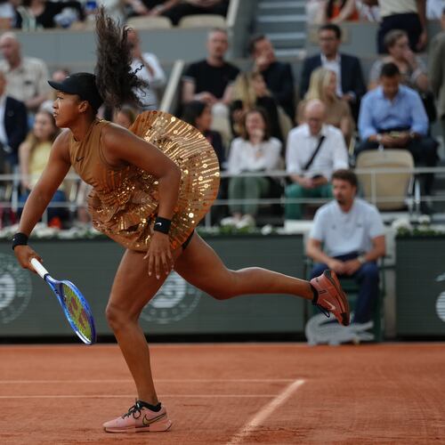 Japan's Naomi Osaka warms up for the fourth-round tennis match against Aryna Sabalenka of Belarus at the French Open in Paris, Monday, June 1, 2026. (AP Photo/Aurelien Morissard)