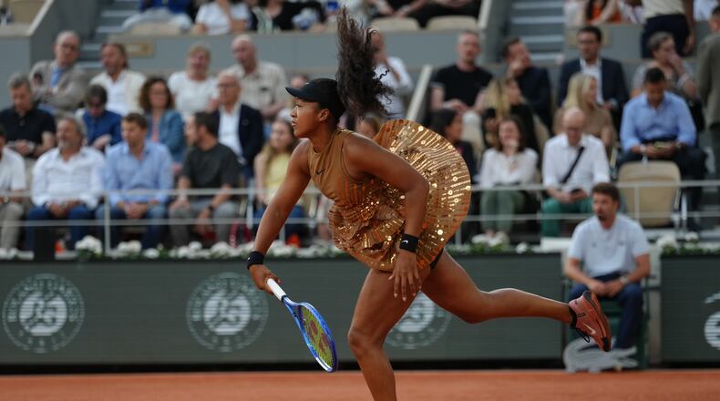 Japan's Naomi Osaka warms up for the fourth-round tennis match against Aryna Sabalenka of Belarus at the French Open in Paris, Monday, June 1, 2026. (AP Photo/Aurelien Morissard)