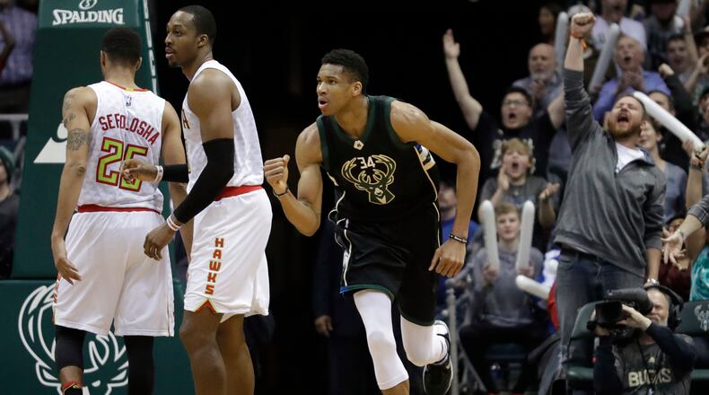 Milwaukee Bucks’ Giannis Antetokounmpo reacts after making a shot in the final minutes of the second half of an NBA basketball game against the Atlanta Hawks Friday, March 24, 2017, in Milwaukee. The Bucks won 100-97. (AP Photo/Morry Gash)