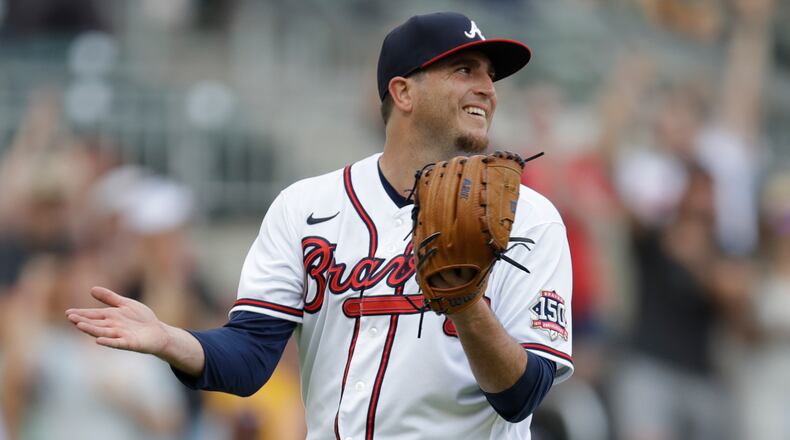 Braves reliever Luke Jackson at the end of game against the Pittsburgh Pirates Saturday, May 22, 2021, in Atlanta. (Ben Margot/AP)