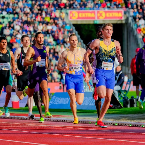 United States' Cooper Lutkenhaus competes in the men's 800-meter race at the Diamond League athletics meet at Bislett Stadium in Oslo, Norway, Wednesday, June 10, 2026. (Heiko Junge/NTB Scanpix via AP)