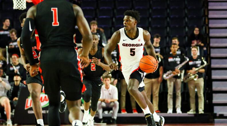 Georgia basketball player Anthony Edwards (5) dribbles during an exhibition game against Valdosta State in Stegeman Coliseum in Athens, Ga., on Friday, Oct. 18, 2019. (Photo by Tony Walsh)
