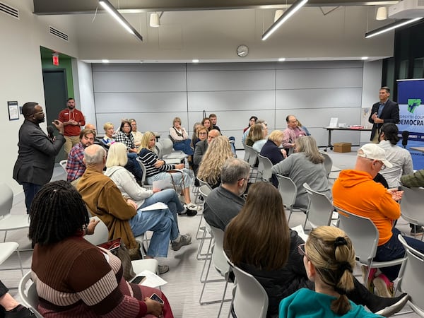 A crowd of Forsyth County Democrats listened as former Lt. Gov. Geoff Duncan talked about his campaign for governor on Tuesday. (Greg Bluestein/AJC)