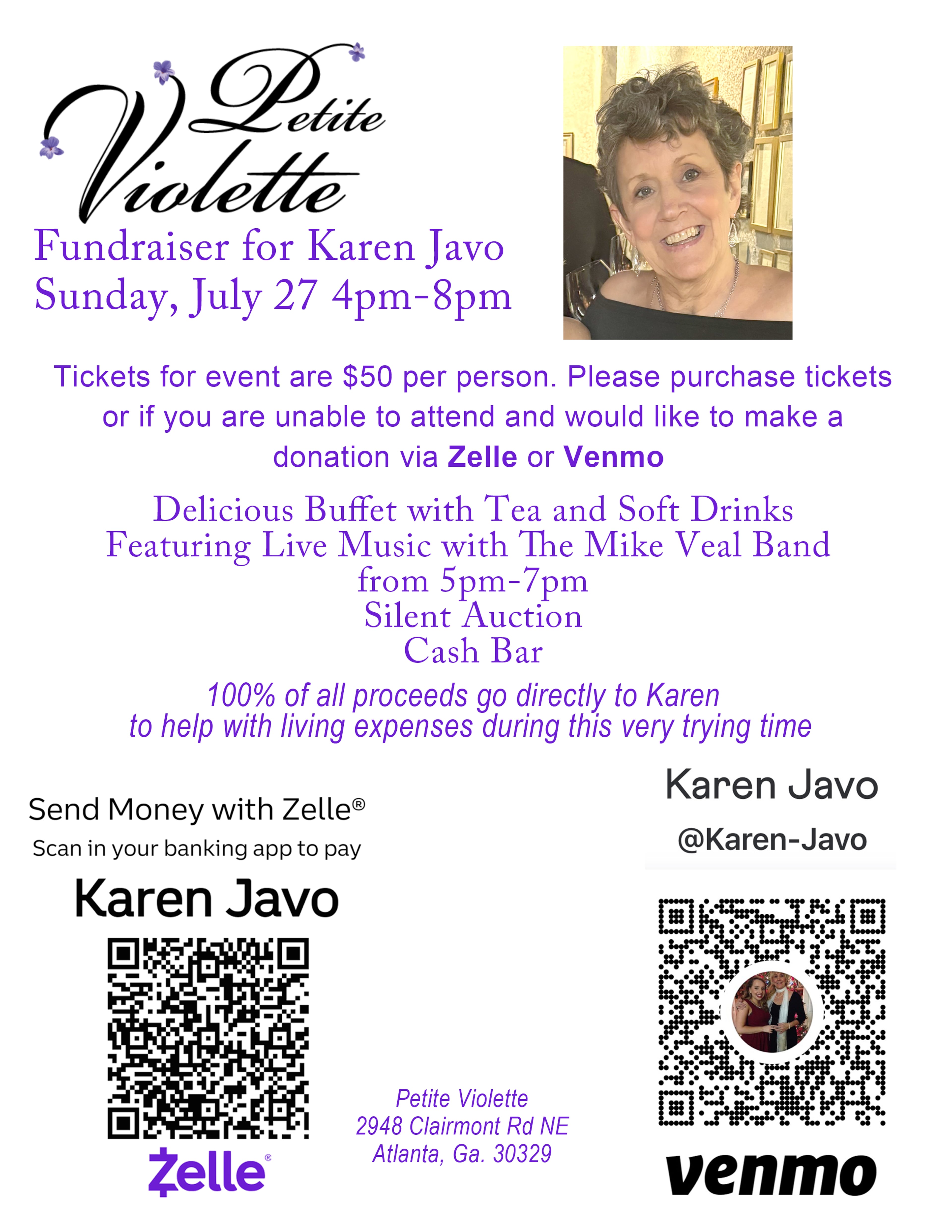 A flyer for a July 27 event at Petite Violette benefitting bartender Karen Javo. (Courtesy of Petite Violette)