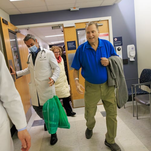 FILE - This image provided by Massachusetts General Hospital shows Tim Andrews smiling as he leaves Massachusetts General Hospital in Boston on Feb. 1, 2025. (Kate Flock/Massachusetts General Hospital via AP, file)