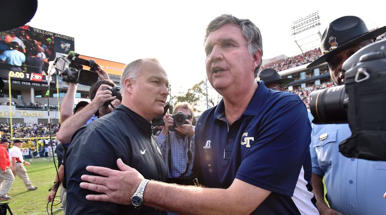 Could Mark Richt be back in Bobby Dodd Stadium next fall? (AJC photo by Hyosub Shin) November 28, 2015 Atlanta - Georgia Bulldogs head coach Mark Richt (left) and Georgia Tech Yellow Jackets head coach Paul Johnson shake hands after Georgia Bulldogs defeated Georgia Tech Yellow Jackets at Bobby Dodd Stadium on Saturday, November 28, 2015. Georgia Bulldogs won 13 - 7 over the Georgia Tech Yellow Jackets. HYOSUB SHIN / HSHIN@AJC.COM