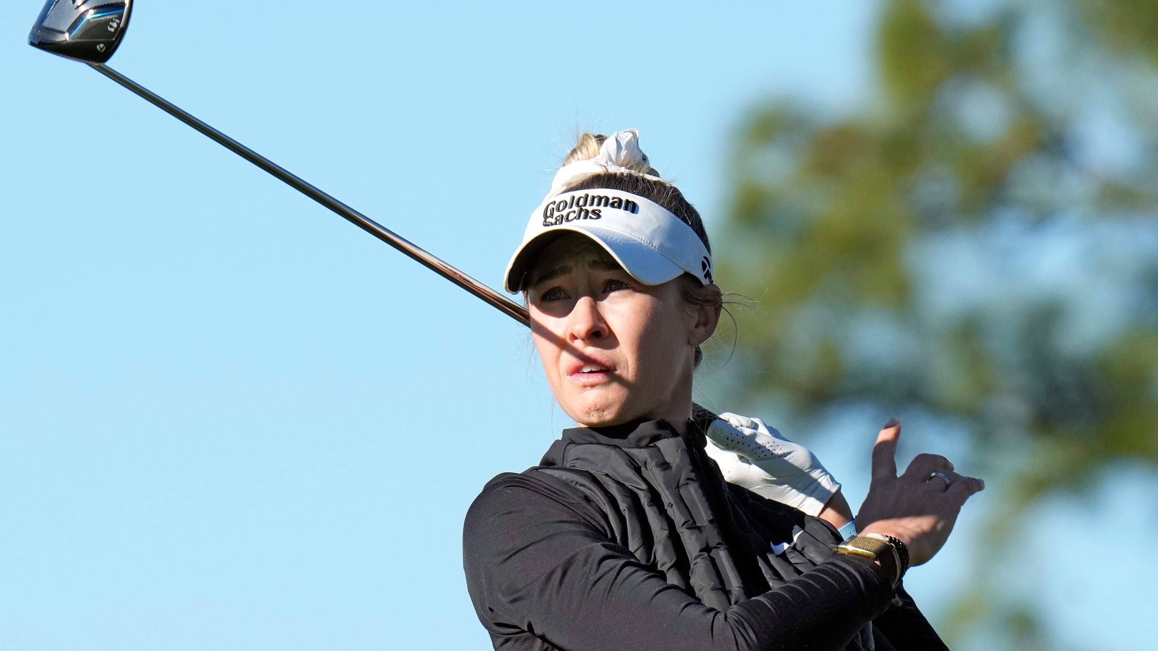 Defending tournament champion Nelly Korda follows her tee shot on the second hole during a pro-am for The Annika LPGA golf tournament, Wednesday, Nov. 12, 2025, in Belleair, Fla. (AP Photo/Chris O'Meara)